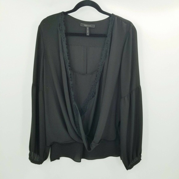 BCBGMaxazira black faux wrap blouse womens size XL long sleeve shell lace trim - Picture 12 of 12
